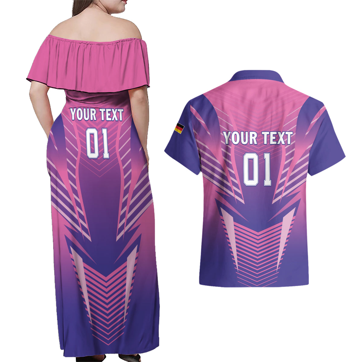 Personalized Germany 2024 Football Couples Matching Off Shoulder Maxi Dress and Hawaiian Shirt DFB Team Pink Version - Wonder Print Shop