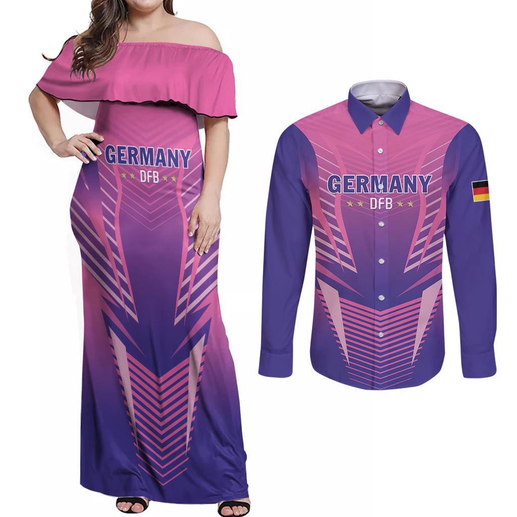 Personalized Germany 2024 Football Couples Matching Off Shoulder Maxi Dress and Long Sleeve Button Shirt DFB Team Pink Version - Wonder Print Shop