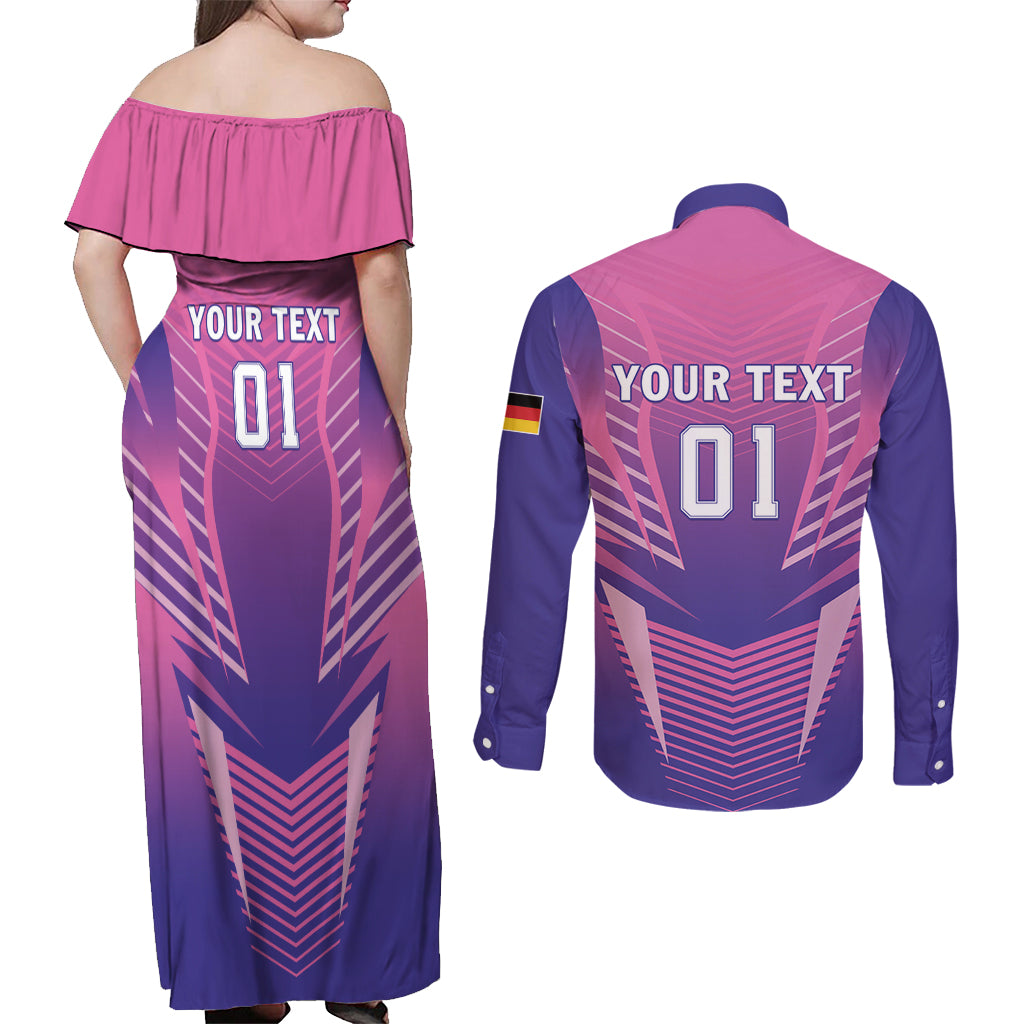 Personalized Germany 2024 Football Couples Matching Off Shoulder Maxi Dress and Long Sleeve Button Shirt DFB Team Pink Version - Wonder Print Shop