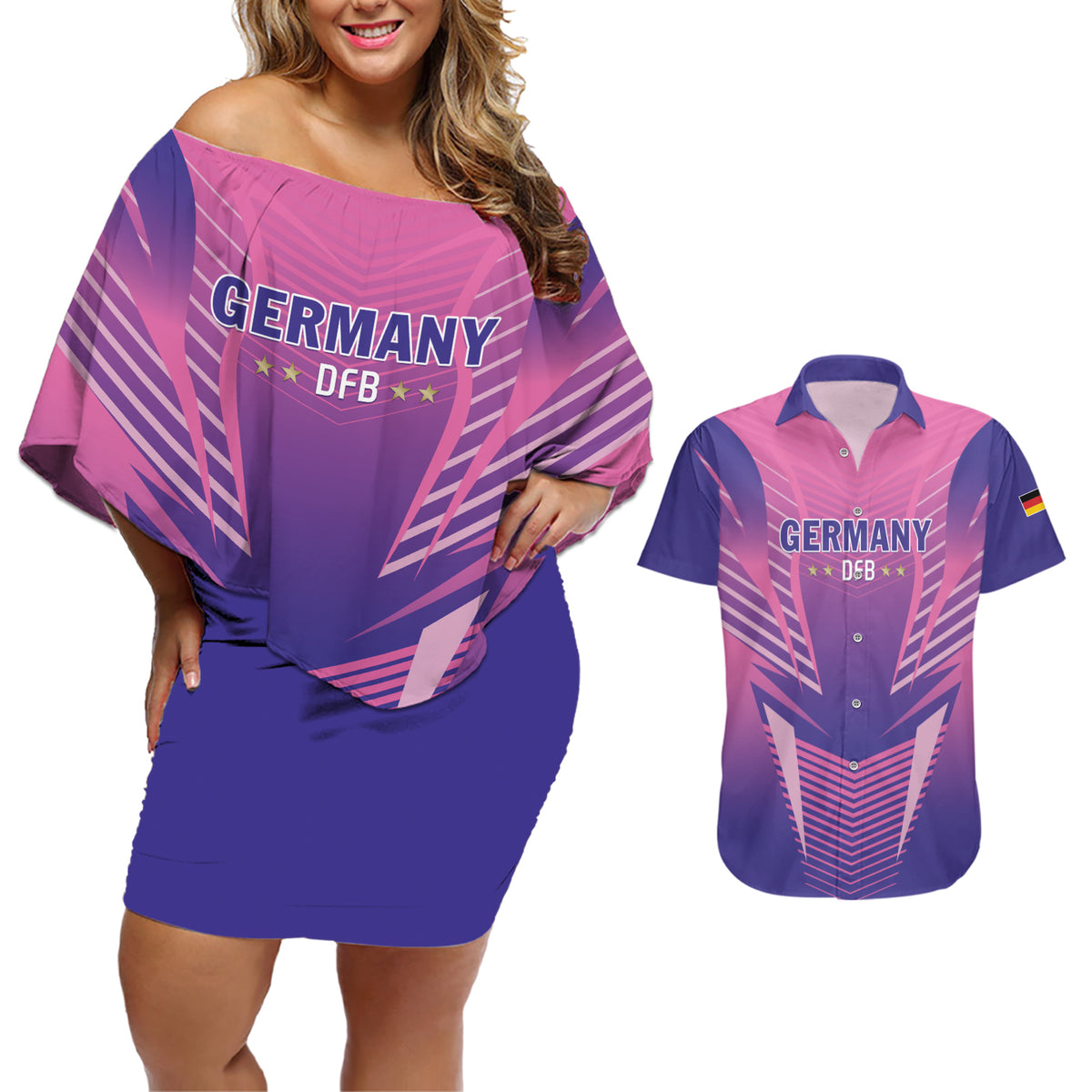 Personalized Germany 2024 Football Couples Matching Off Shoulder Short Dress and Hawaiian Shirt DFB Team Pink Version - Wonder Print Shop