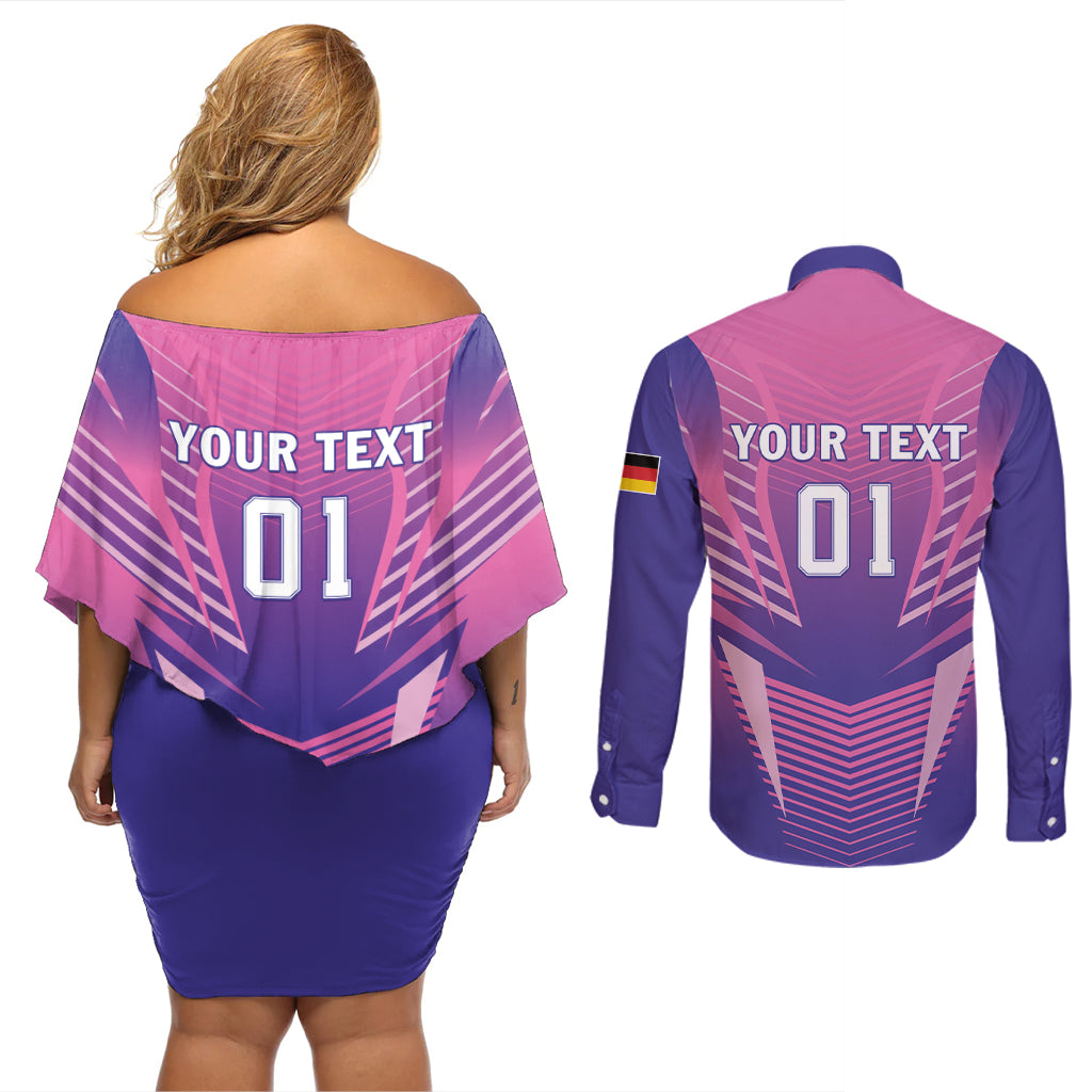 Personalized Germany 2024 Football Couples Matching Off Shoulder Short Dress and Long Sleeve Button Shirt DFB Team Pink Version - Wonder Print Shop