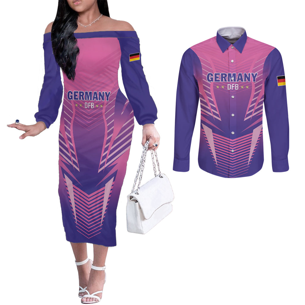 Personalized Germany 2024 Football Couples Matching Off The Shoulder Long Sleeve Dress and Long Sleeve Button Shirt DFB Team Pink Version