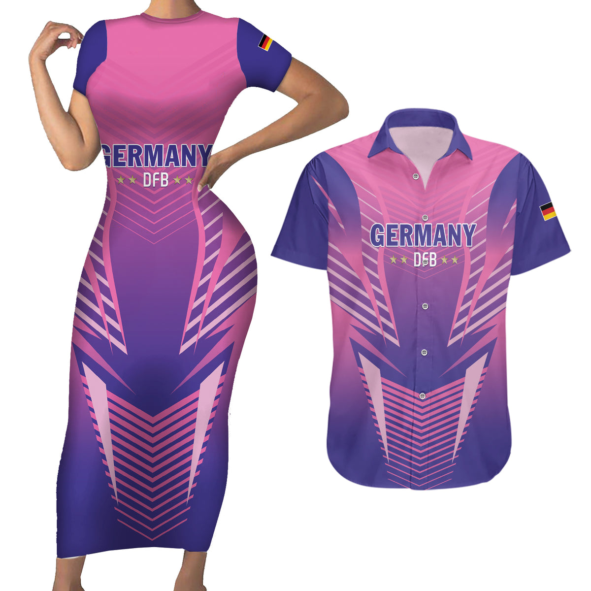 Personalized Germany 2024 Football Couples Matching Short Sleeve Bodycon Dress and Hawaiian Shirt DFB Team Pink Version - Wonder Print Shop