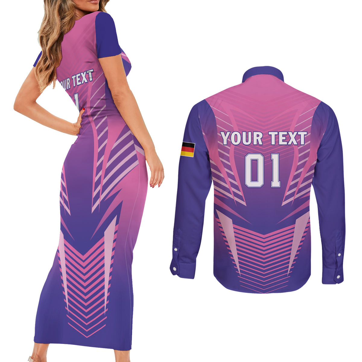 Personalized Germany 2024 Football Couples Matching Short Sleeve Bodycon Dress and Long Sleeve Button Shirt DFB Team Pink Version - Wonder Print Shop