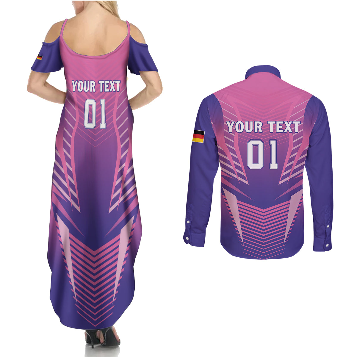 Personalized Germany 2024 Football Couples Matching Summer Maxi Dress and Long Sleeve Button Shirt DFB Team Pink Version - Wonder Print Shop