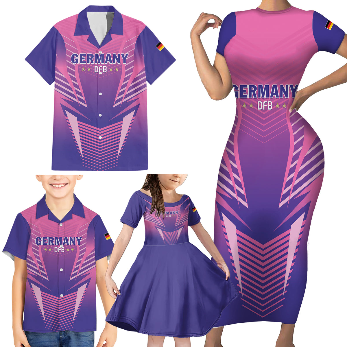 Personalized Germany 2024 Football Family Matching Short Sleeve Bodycon Dress and Hawaiian Shirt DFB Team Pink Version - Wonder Print Shop