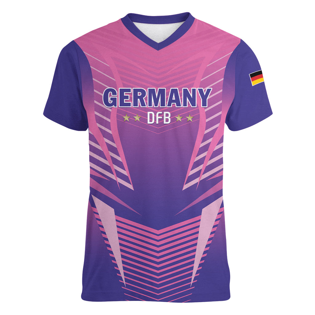 Personalized Germany 2024 Football Women V-Neck T-Shirt DFB Team Pink Version - Wonder Print Shop