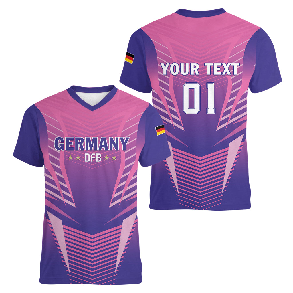 Personalized Germany 2024 Football Women V-Neck T-Shirt DFB Team Pink Version - Wonder Print Shop