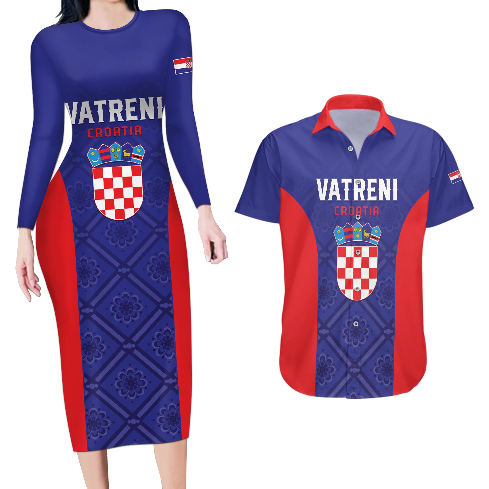 Personalized Croatia 2024 Football Couples Matching Long Sleeve Bodycon Dress and Hawaiian Shirt Hrvatska Vatreni