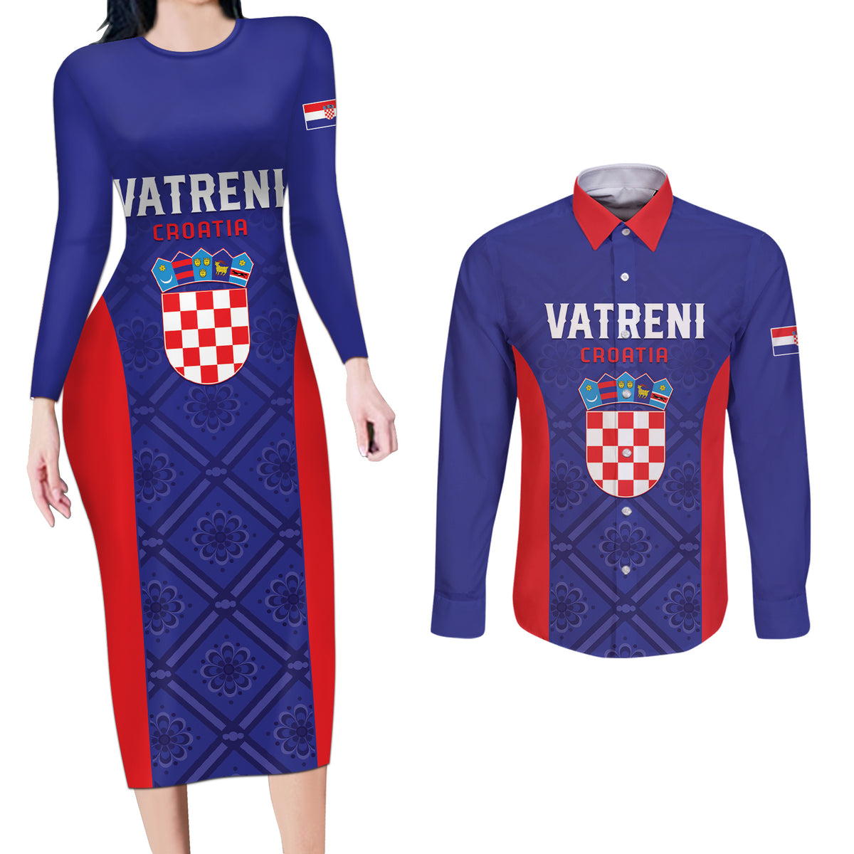 Personalized Croatia 2024 Football Couples Matching Long Sleeve Bodycon Dress and Long Sleeve Button Shirt Hrvatska Vatreni - Wonder Print Shop