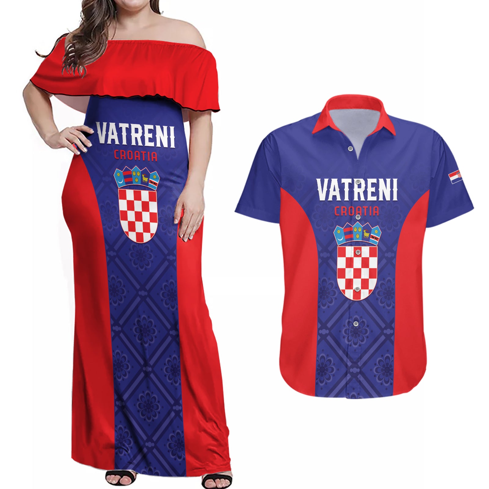 Personalized Croatia 2024 Football Couples Matching Off Shoulder Maxi Dress and Hawaiian Shirt Hrvatska Vatreni