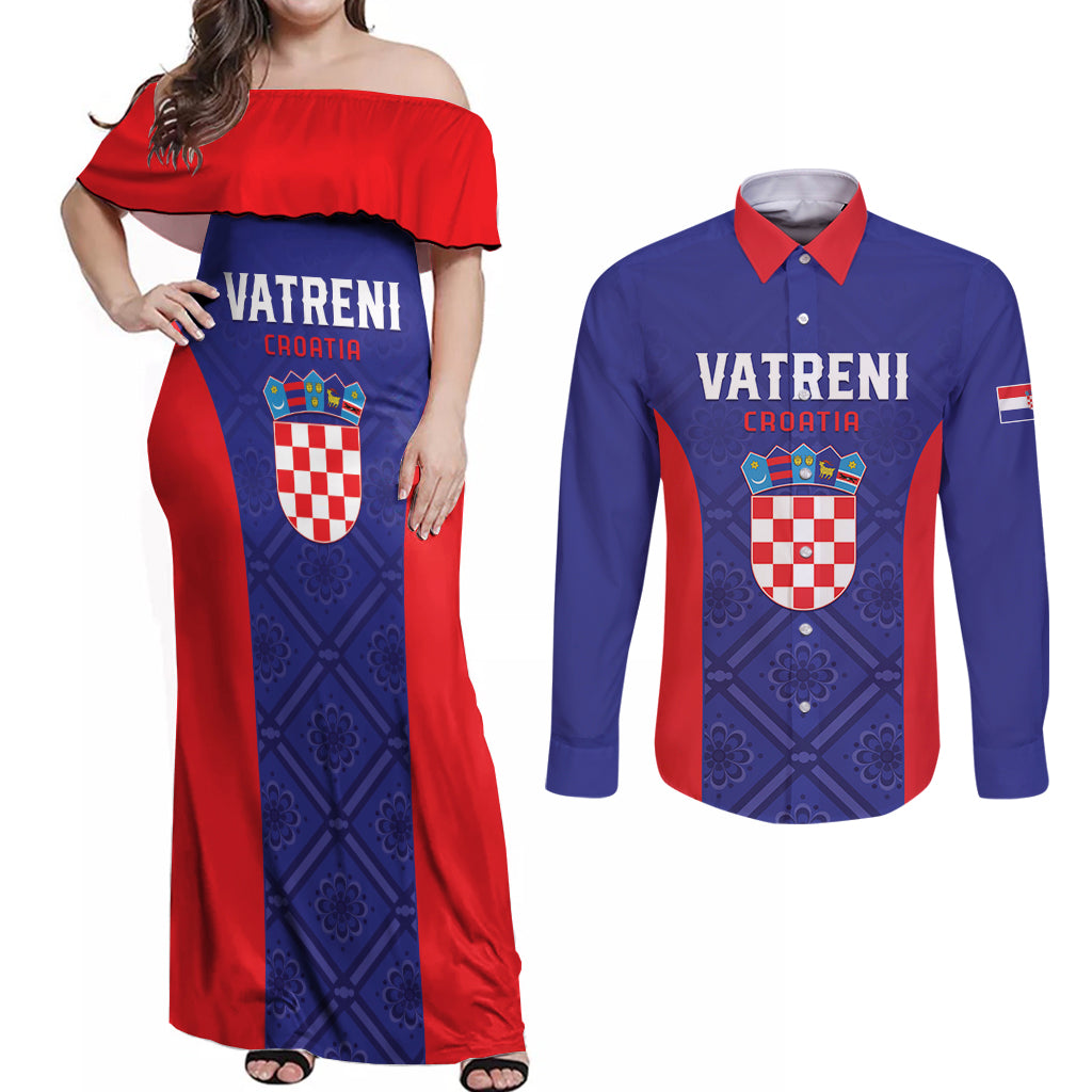 Personalized Croatia 2024 Football Couples Matching Off Shoulder Maxi Dress and Long Sleeve Button Shirt Hrvatska Vatreni - Wonder Print Shop