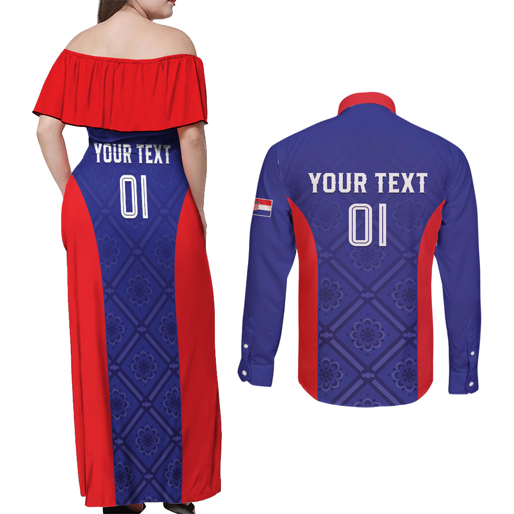 Personalized Croatia 2024 Football Couples Matching Off Shoulder Maxi Dress and Long Sleeve Button Shirt Hrvatska Vatreni - Wonder Print Shop