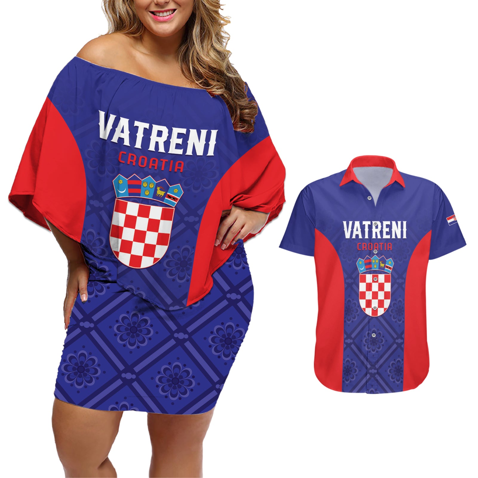 Personalized Croatia 2024 Football Couples Matching Off Shoulder Short Dress and Hawaiian Shirt Hrvatska Vatreni