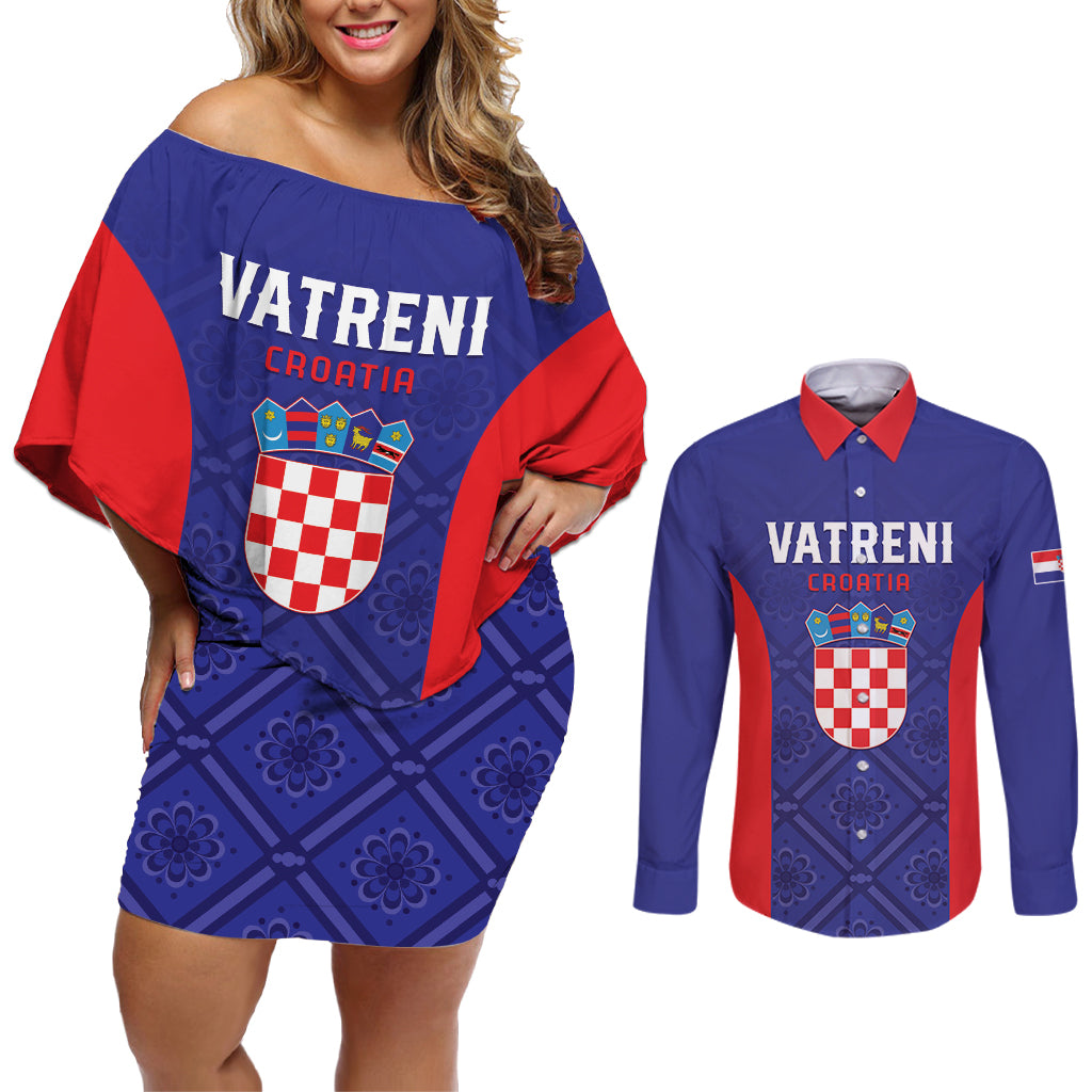 Personalized Croatia 2024 Football Couples Matching Off Shoulder Short Dress and Long Sleeve Button Shirt Hrvatska Vatreni - Wonder Print Shop