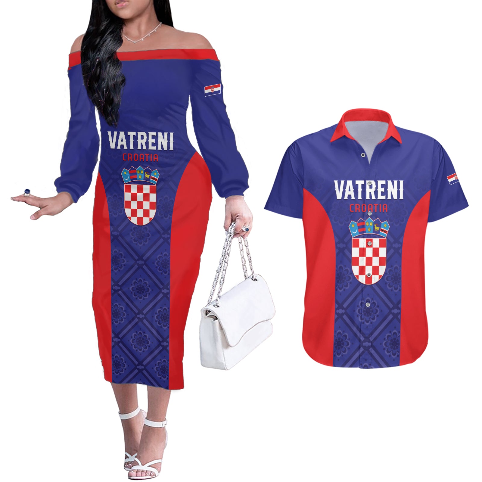 Personalized Croatia 2024 Football Couples Matching Off The Shoulder Long Sleeve Dress and Hawaiian Shirt Hrvatska Vatreni