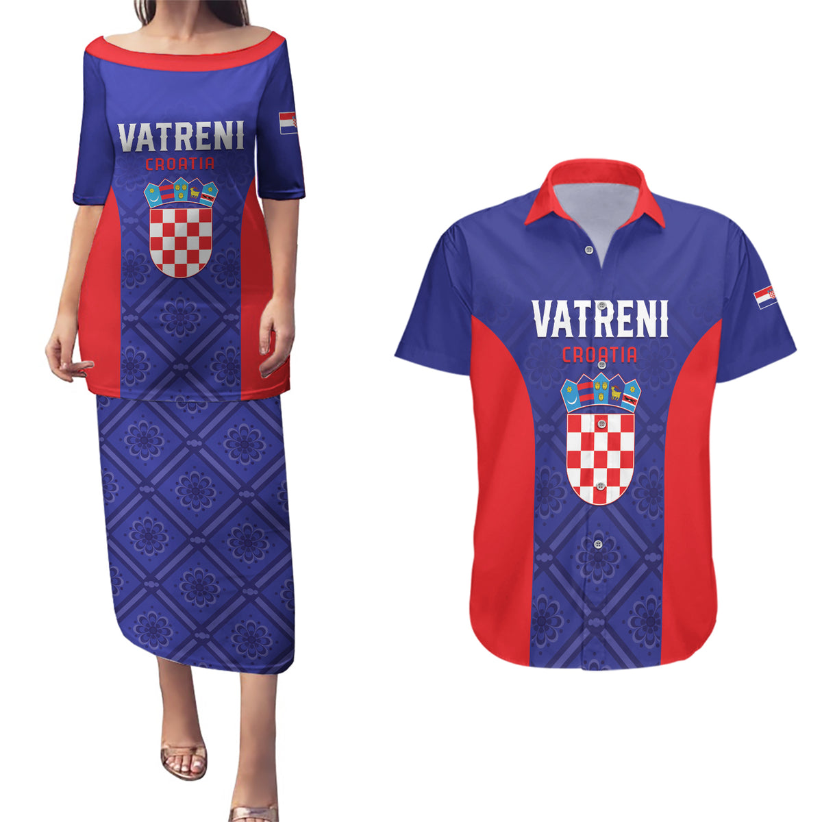 Personalized Croatia 2024 Football Couples Matching Puletasi and Hawaiian Shirt Hrvatska Vatreni - Wonder Print Shop