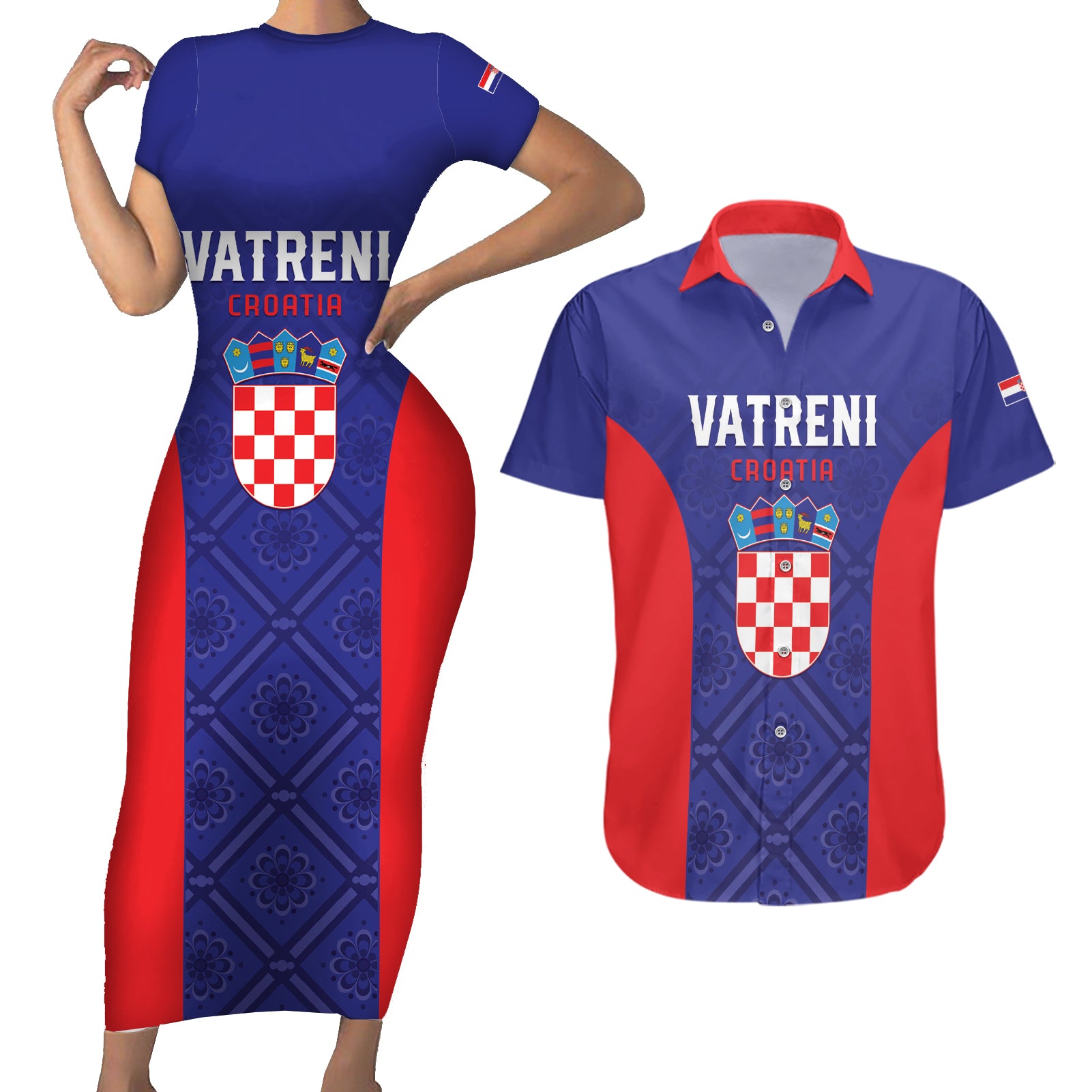 Personalized Croatia 2024 Football Couples Matching Short Sleeve Bodycon Dress and Hawaiian Shirt Hrvatska Vatreni