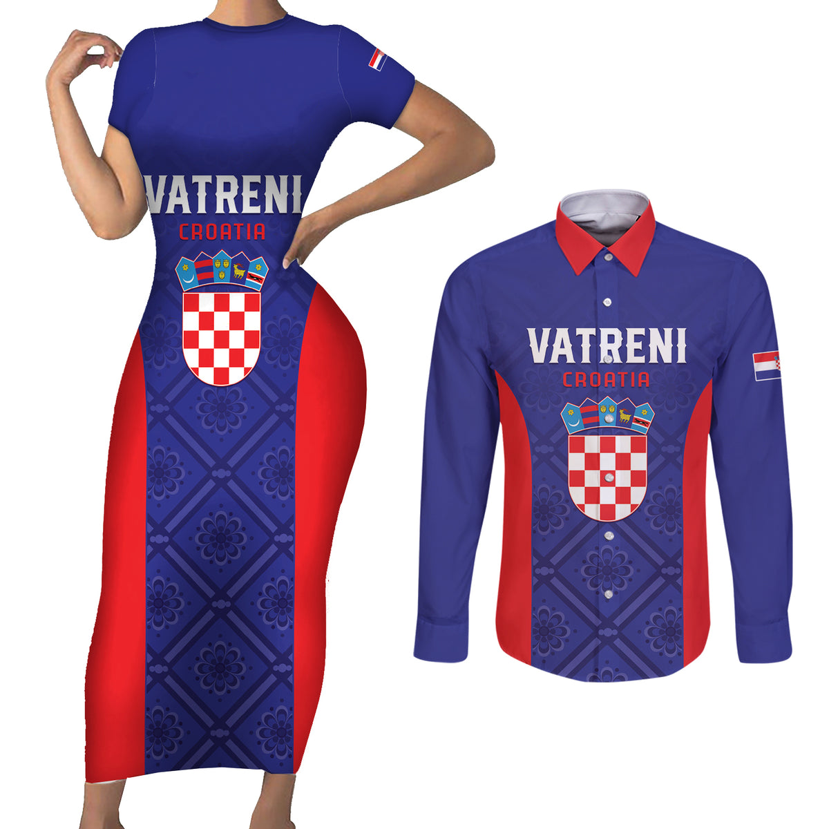 Personalized Croatia 2024 Football Couples Matching Short Sleeve Bodycon Dress and Long Sleeve Button Shirt Hrvatska Vatreni - Wonder Print Shop