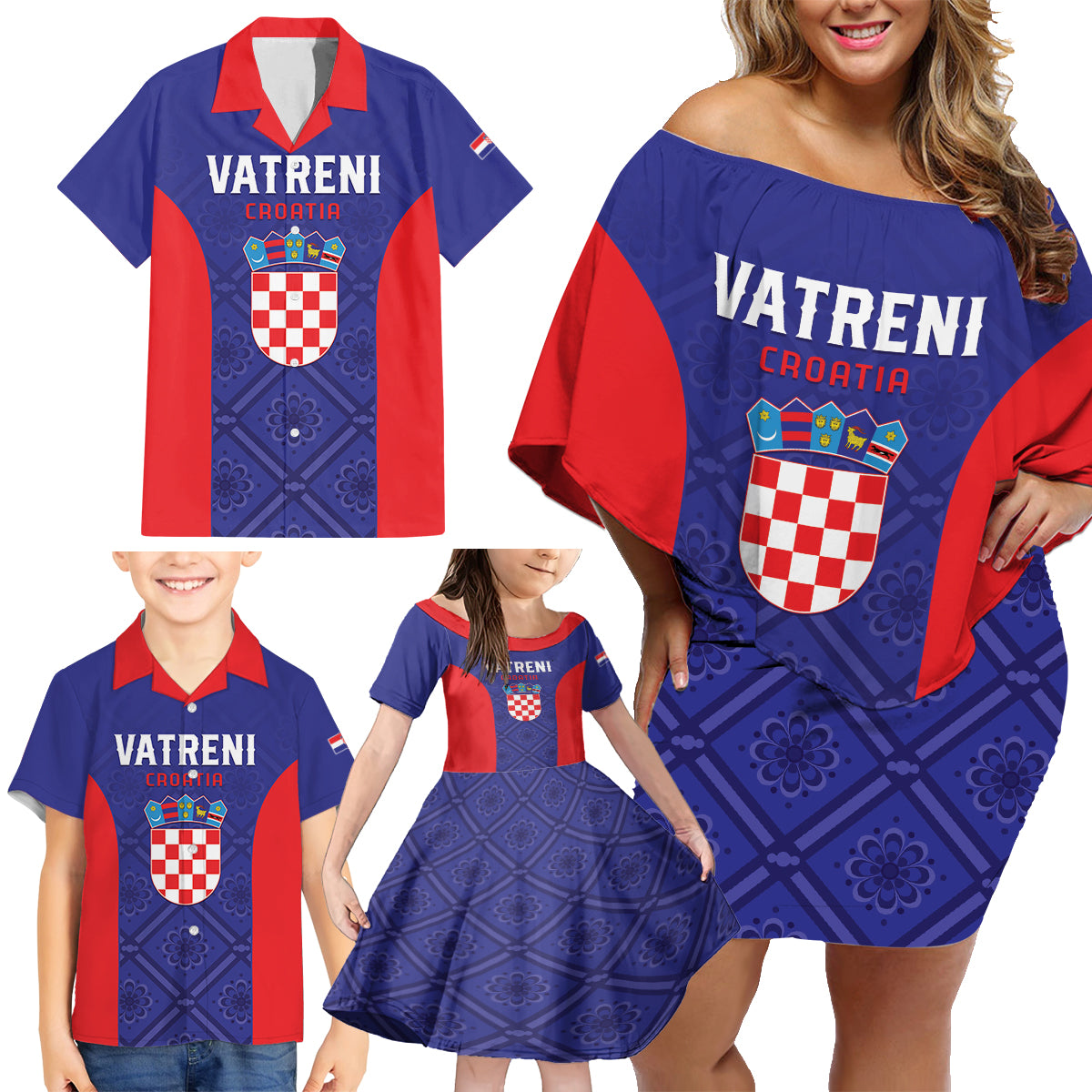 Personalized Croatia 2024 Football Family Matching Off Shoulder Short Dress and Hawaiian Shirt Hrvatska Vatreni - Wonder Print Shop