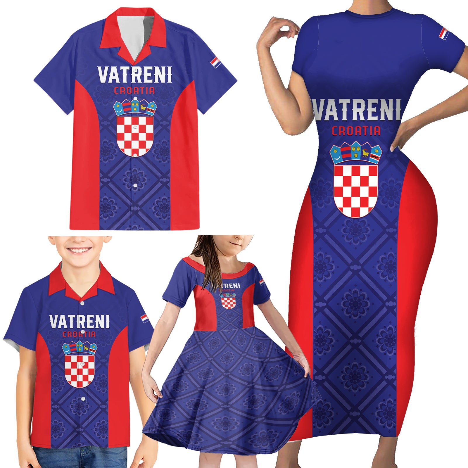 Personalized Croatia 2024 Football Family Matching Short Sleeve Bodycon Dress and Hawaiian Shirt Hrvatska Vatreni - Wonder Print Shop