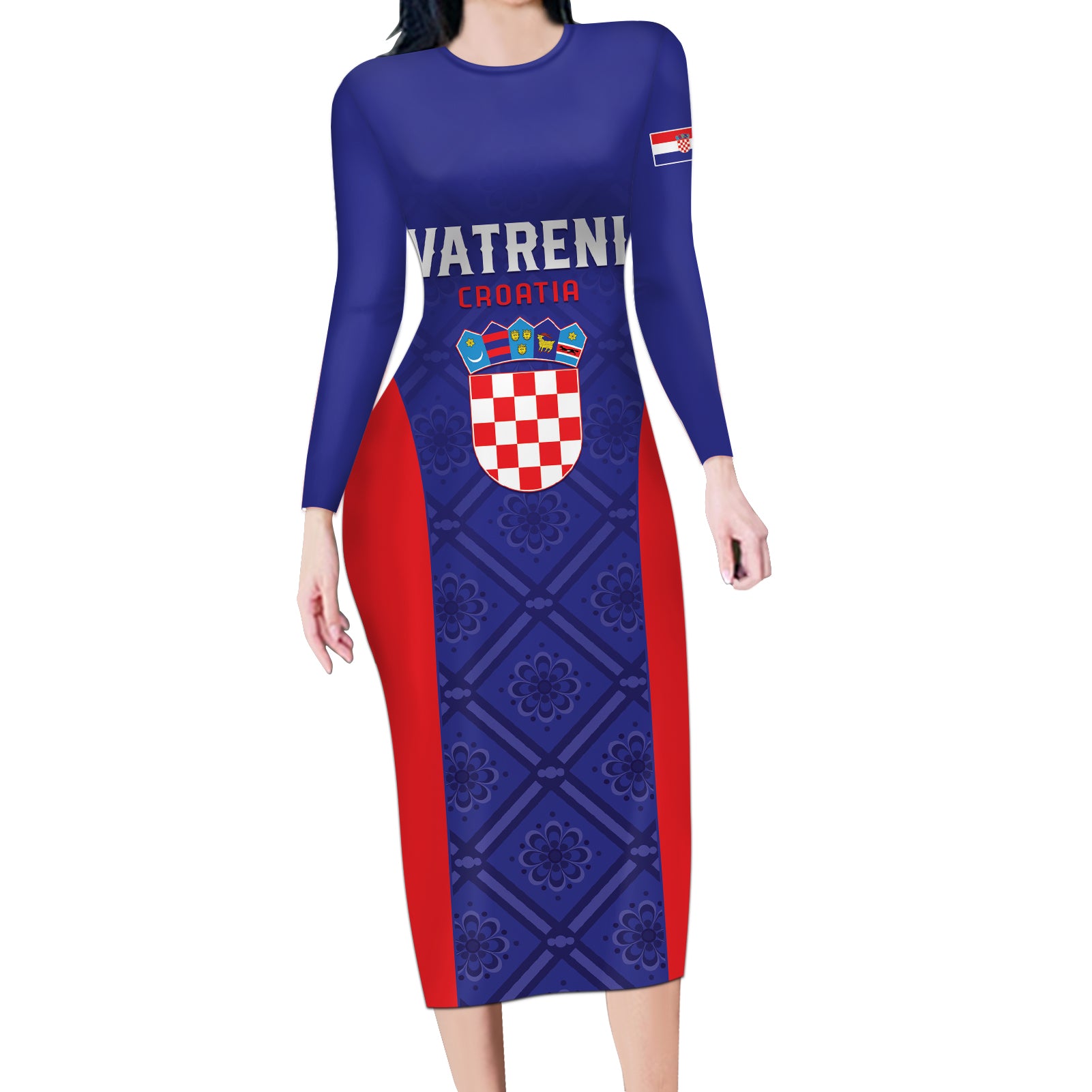 Personalized Croatia 2024 Football Long Sleeve Bodycon Dress Hrvatska Vatreni