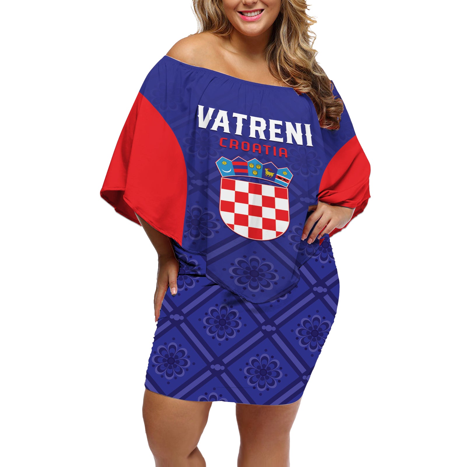 Personalized Croatia 2024 Football Off Shoulder Short Dress Hrvatska Vatreni