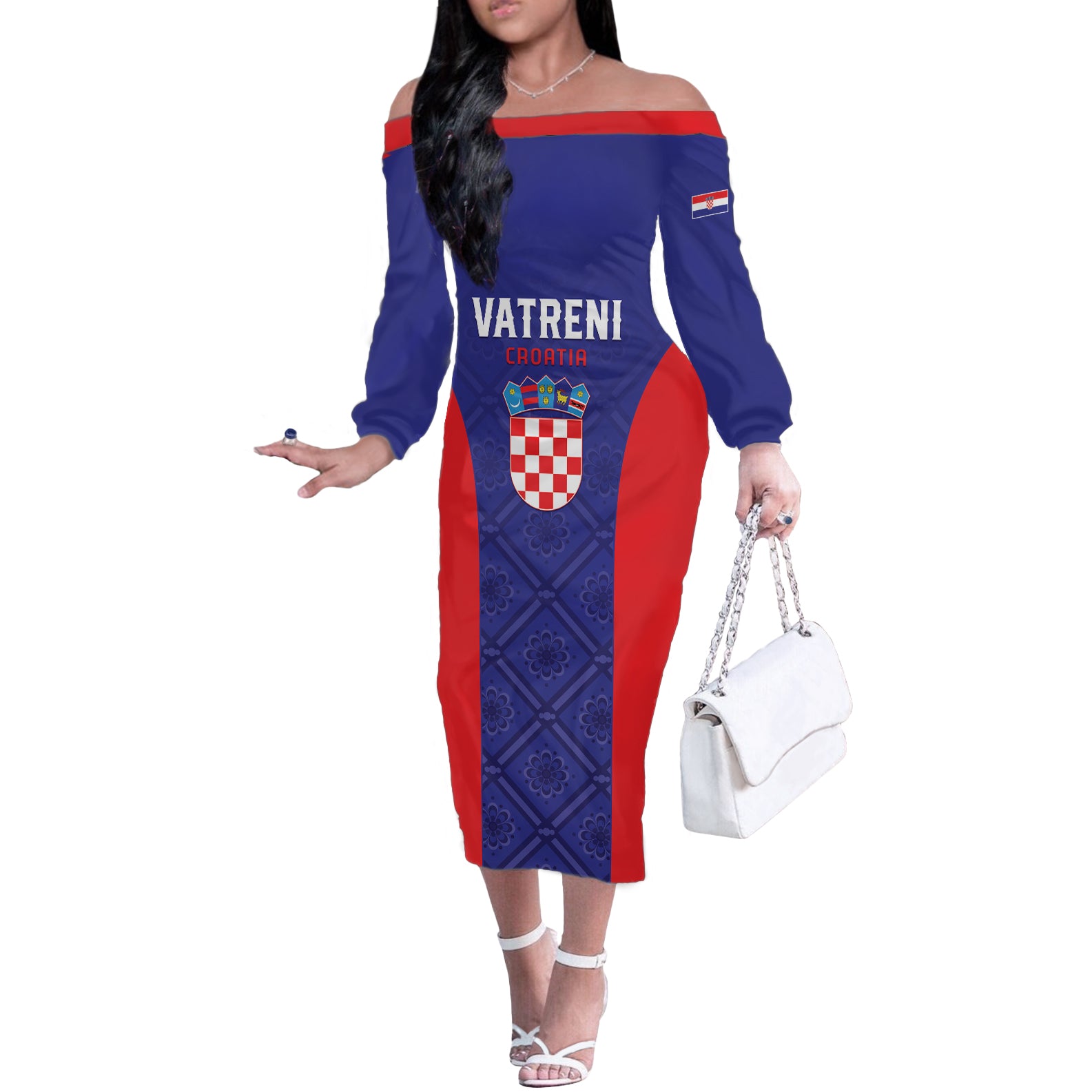 Personalized Croatia 2024 Football Off The Shoulder Long Sleeve Dress Hrvatska Vatreni