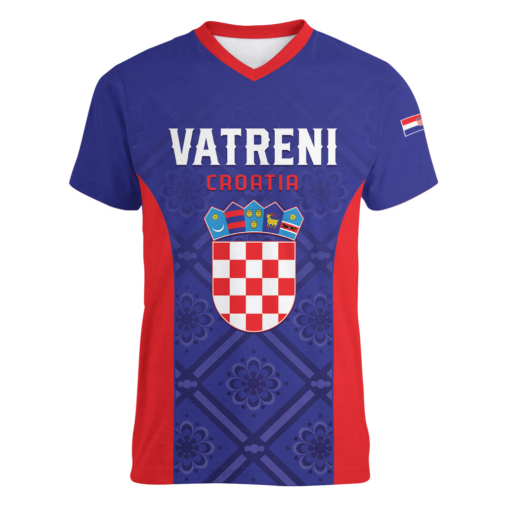 Personalized Croatia 2024 Football Women V-Neck T-Shirt Hrvatska Vatreni