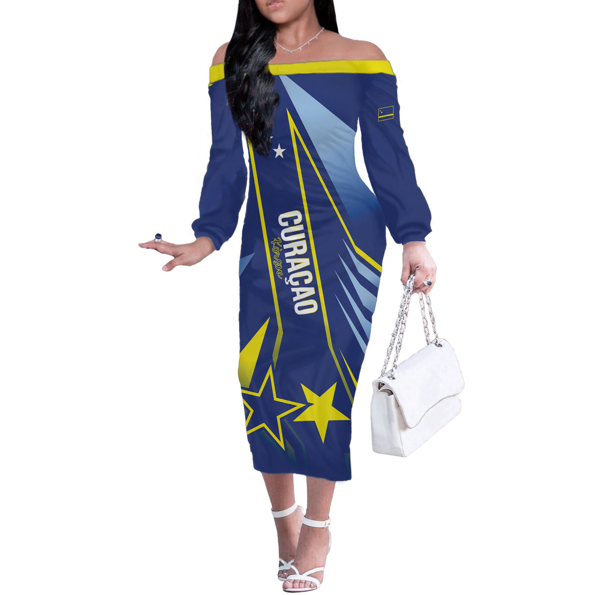 Personalized Country of Curacao Off The Shoulder Long Sleeve Dress Proud of Our Flag