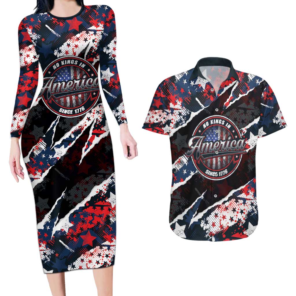 No Kings In America Since 1776 Couples Matching Long Sleeve Bodycon Dress and Hawaiian Shirt Grunge Style - Wonder Print Shop
