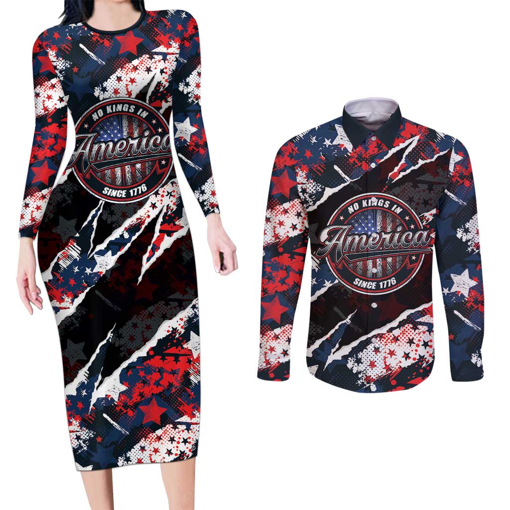 No Kings In America Since 1776 Couples Matching Long Sleeve Bodycon Dress and Long Sleeve Button Shirt Grunge Style - Wonder Print Shop