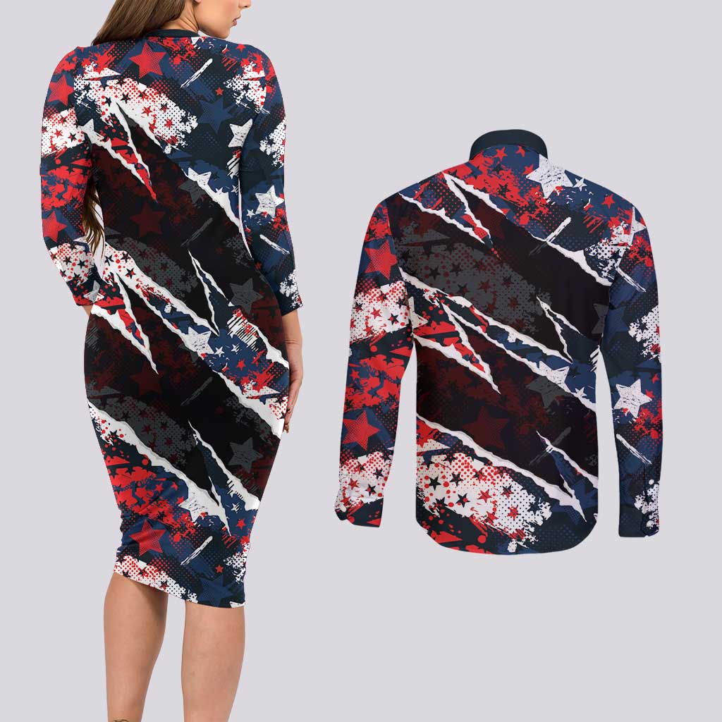No Kings In America Since 1776 Couples Matching Long Sleeve Bodycon Dress and Long Sleeve Button Shirt Grunge Style - Wonder Print Shop