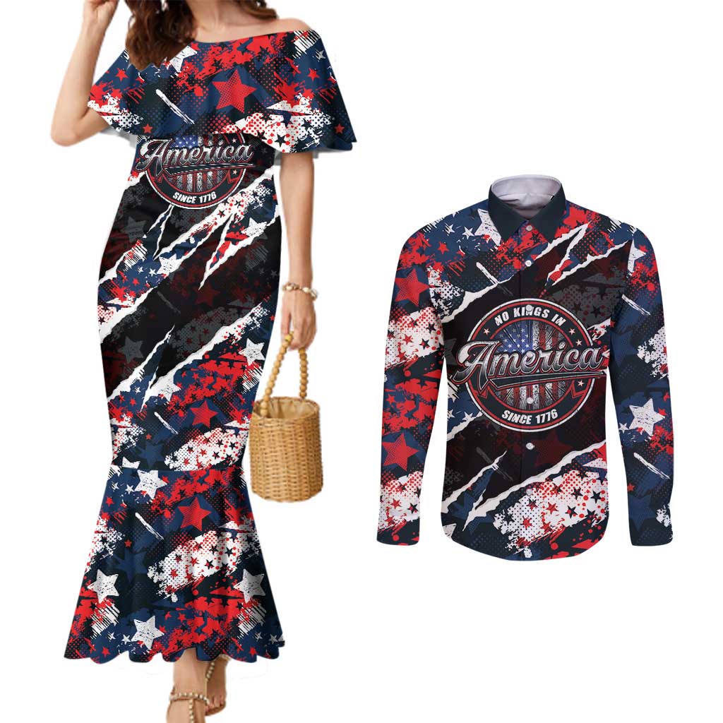 No Kings In America Since 1776 Couples Matching Mermaid Dress and Long Sleeve Button Shirt Grunge Style - Wonder Print Shop