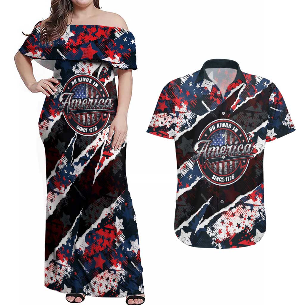 No Kings In America Since 1776 Couples Matching Off Shoulder Maxi Dress and Hawaiian Shirt Grunge Style - Wonder Print Shop