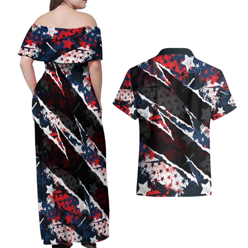No Kings In America Since 1776 Couples Matching Off Shoulder Maxi Dress and Hawaiian Shirt Grunge Style - Wonder Print Shop