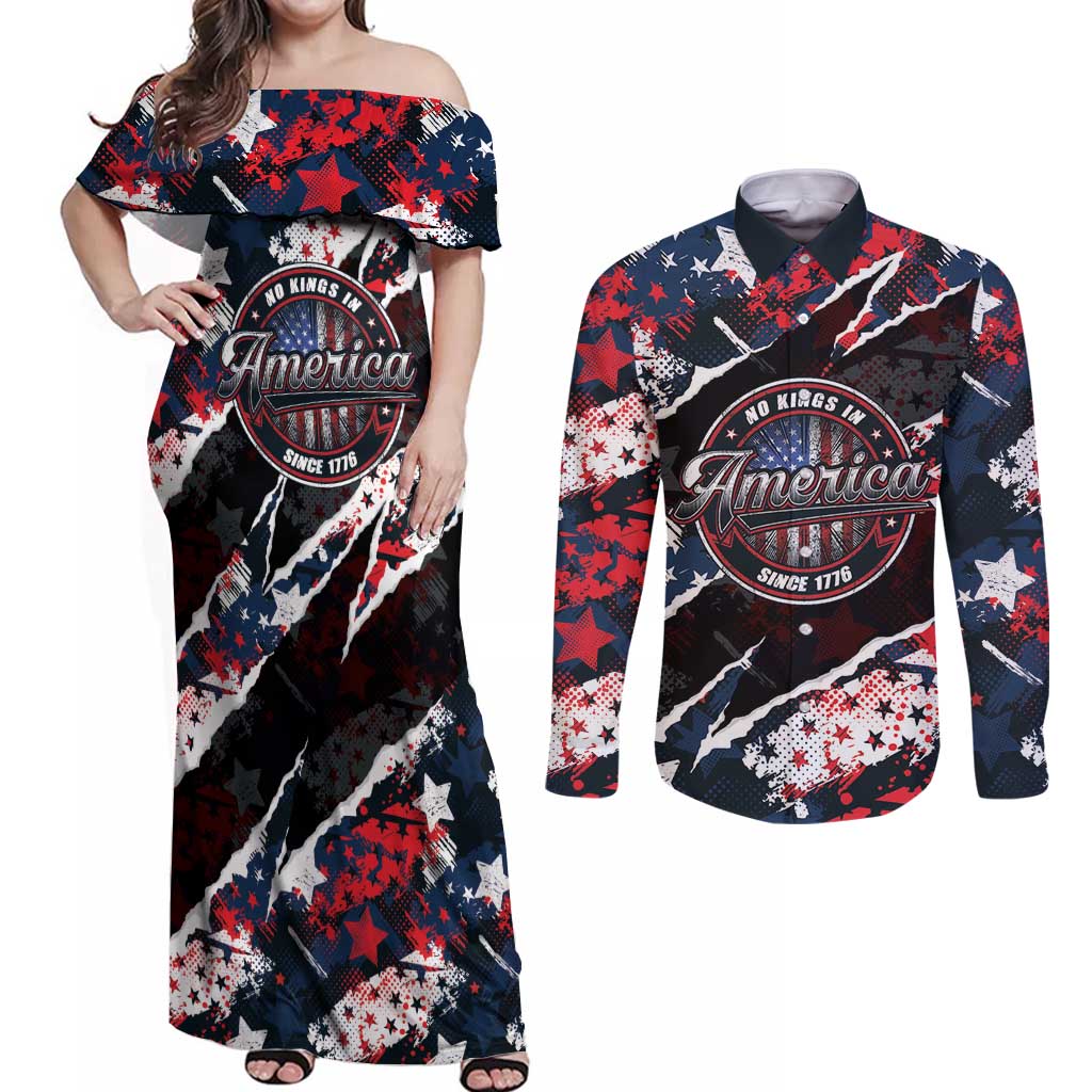 No Kings In America Since 1776 Couples Matching Off Shoulder Maxi Dress and Long Sleeve Button Shirt Grunge Style - Wonder Print Shop