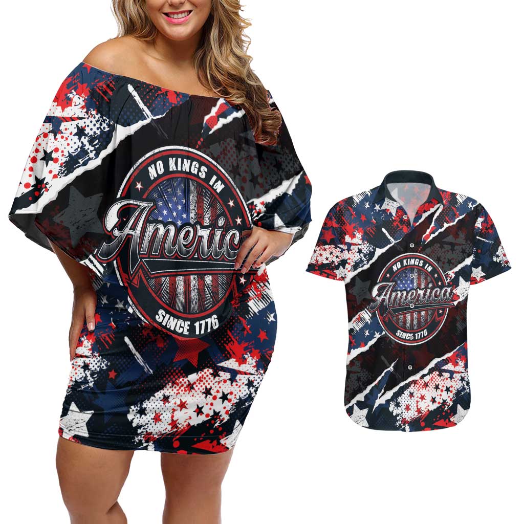 No Kings In America Since 1776 Couples Matching Off Shoulder Short Dress and Hawaiian Shirt Grunge Style - Wonder Print Shop