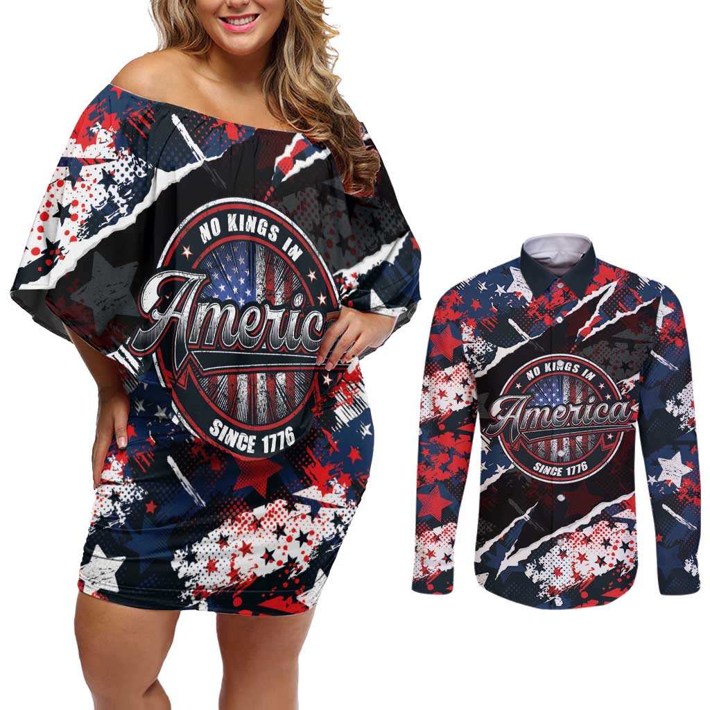 No Kings In America Since 1776 Couples Matching Off Shoulder Short Dress and Long Sleeve Button Shirt Grunge Style - Wonder Print Shop