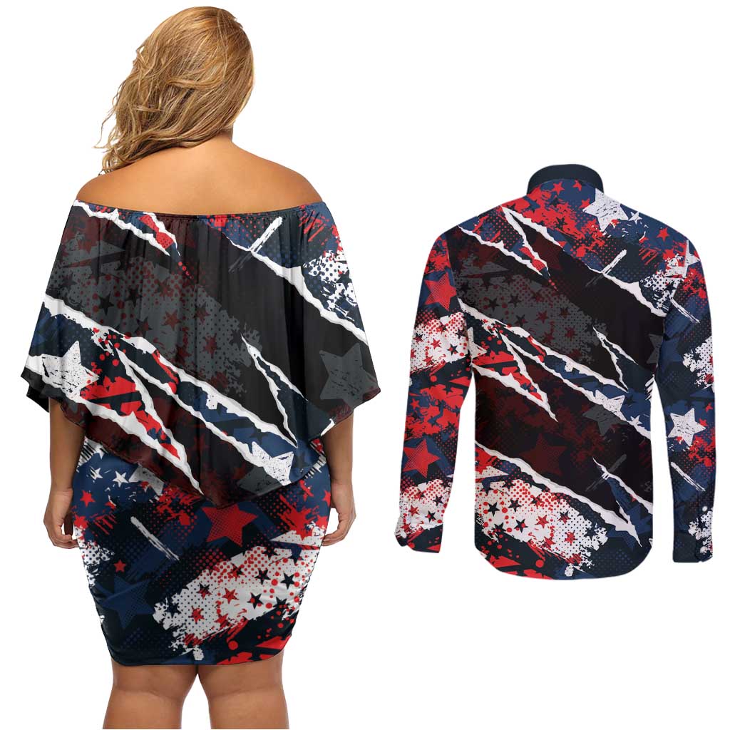 No Kings In America Since 1776 Couples Matching Off Shoulder Short Dress and Long Sleeve Button Shirt Grunge Style - Wonder Print Shop