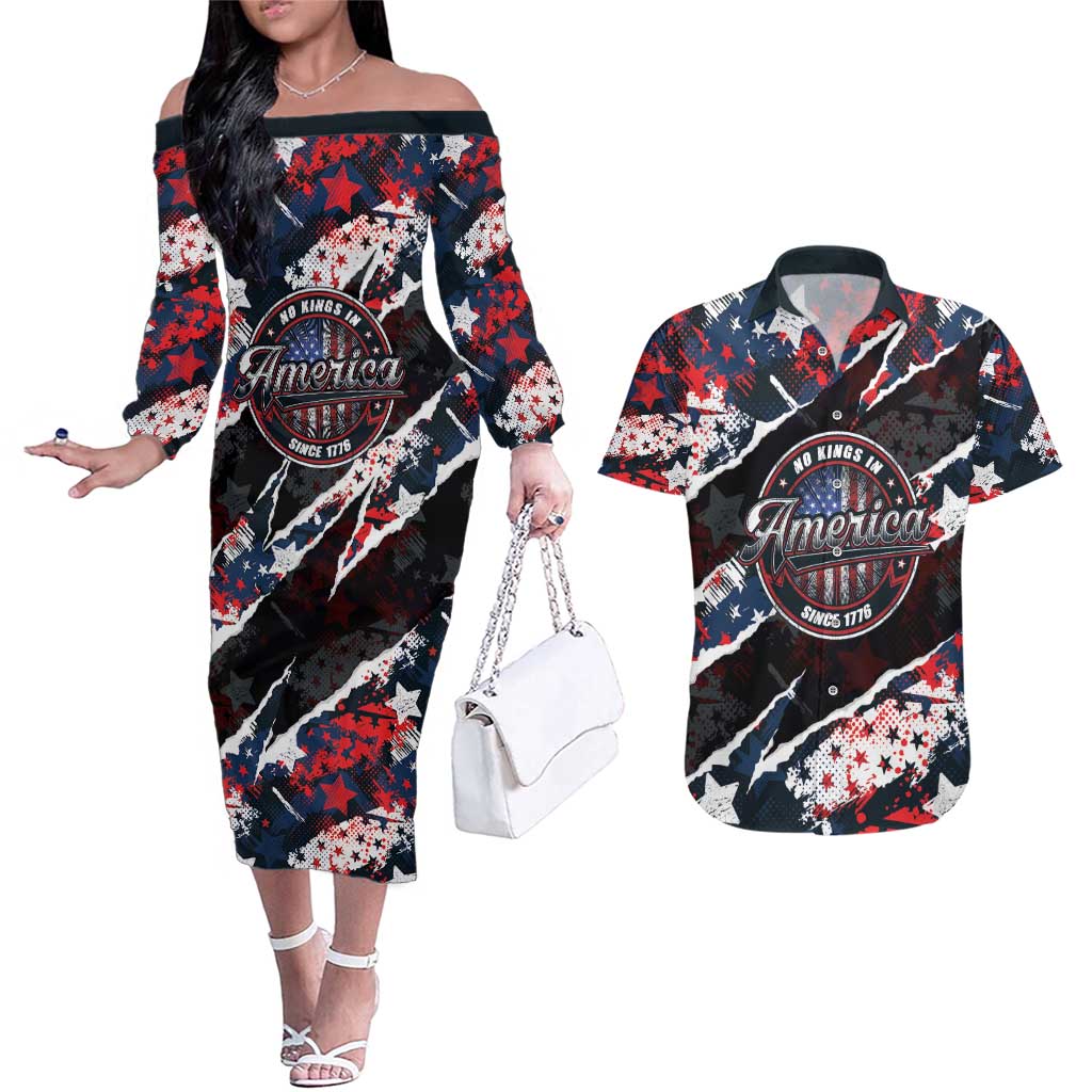 No Kings In America Since 1776 Couples Matching Off The Shoulder Long Sleeve Dress and Hawaiian Shirt Grunge Style - Wonder Print Shop