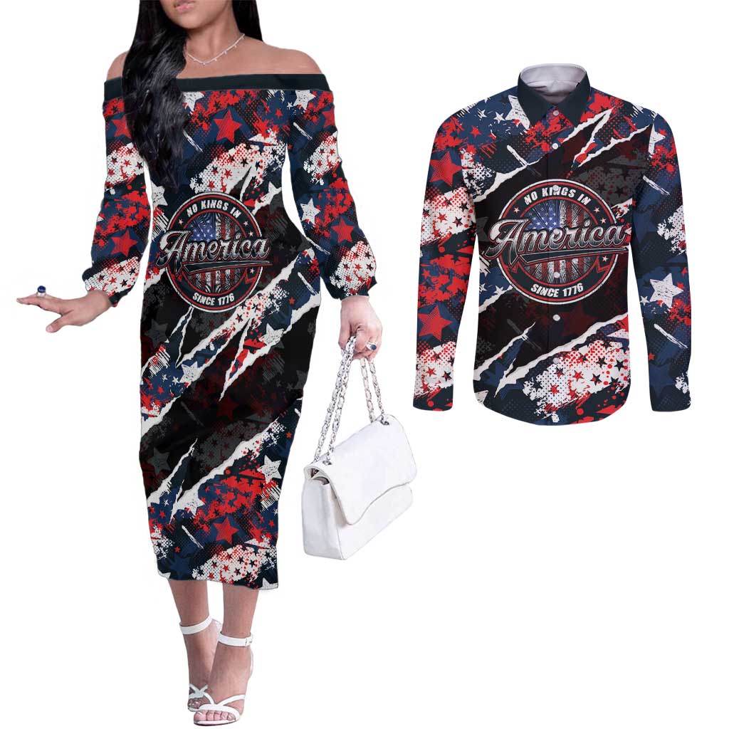 No Kings In America Since 1776 Couples Matching Off The Shoulder Long Sleeve Dress and Long Sleeve Button Shirt Grunge Style - Wonder Print Shop