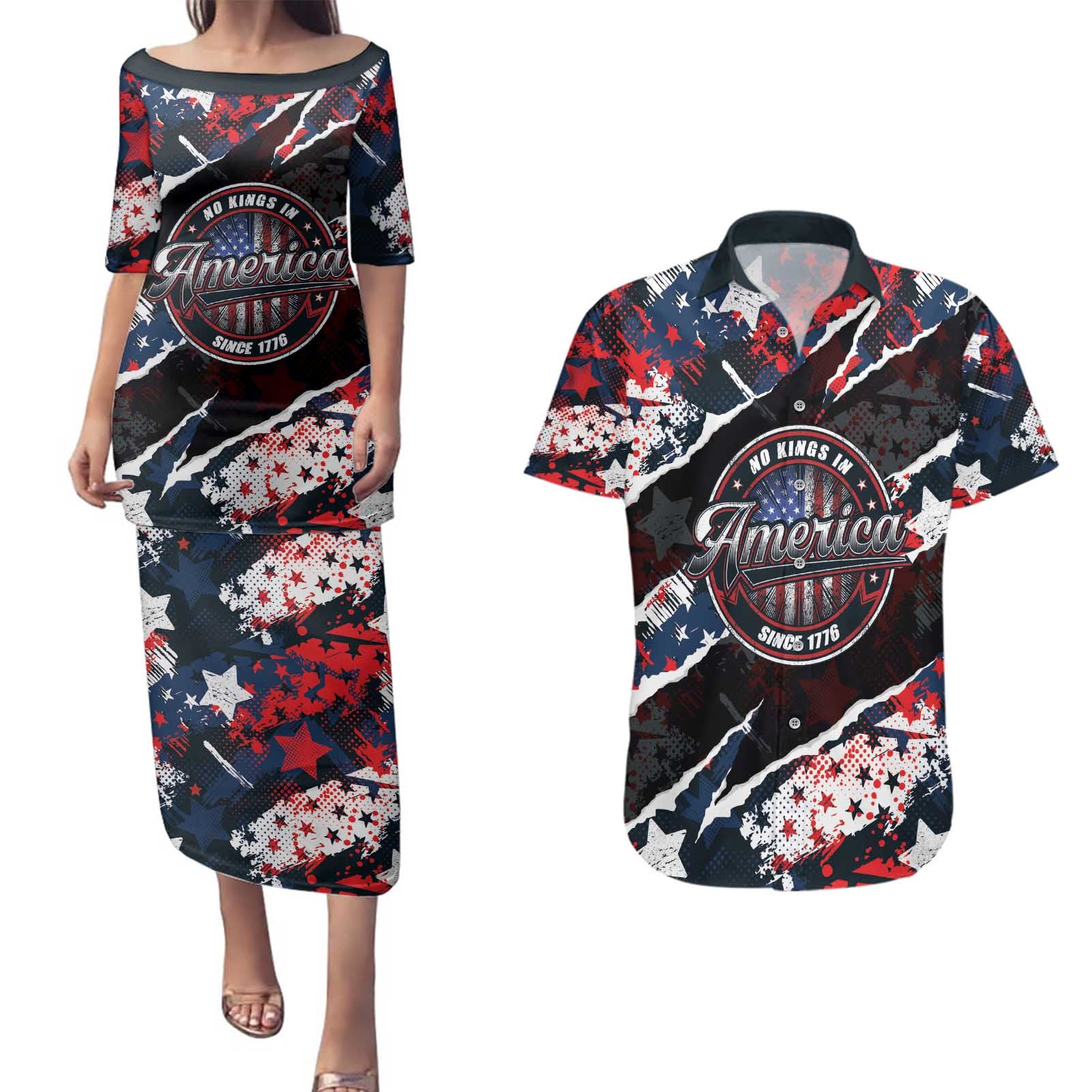No Kings In America Since 1776 Couples Matching Puletasi and Hawaiian Shirt Grunge Style - Wonder Print Shop