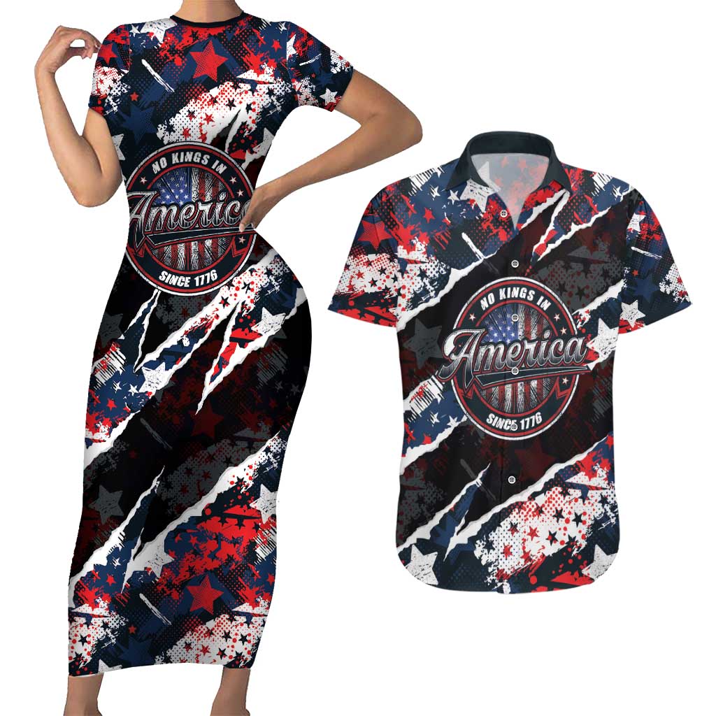 No Kings In America Since 1776 Couples Matching Short Sleeve Bodycon Dress and Hawaiian Shirt Grunge Style - Wonder Print Shop