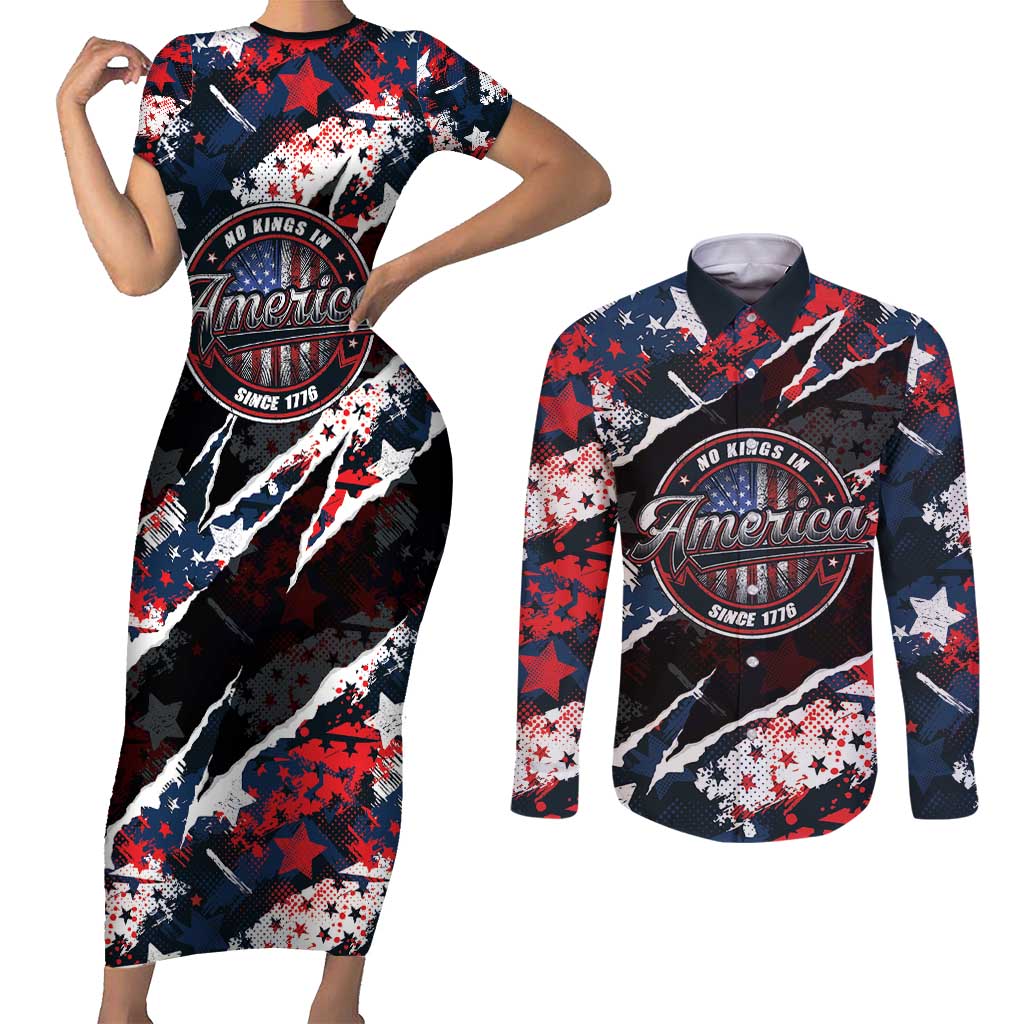 No Kings In America Since 1776 Couples Matching Short Sleeve Bodycon Dress and Long Sleeve Button Shirt Grunge Style - Wonder Print Shop