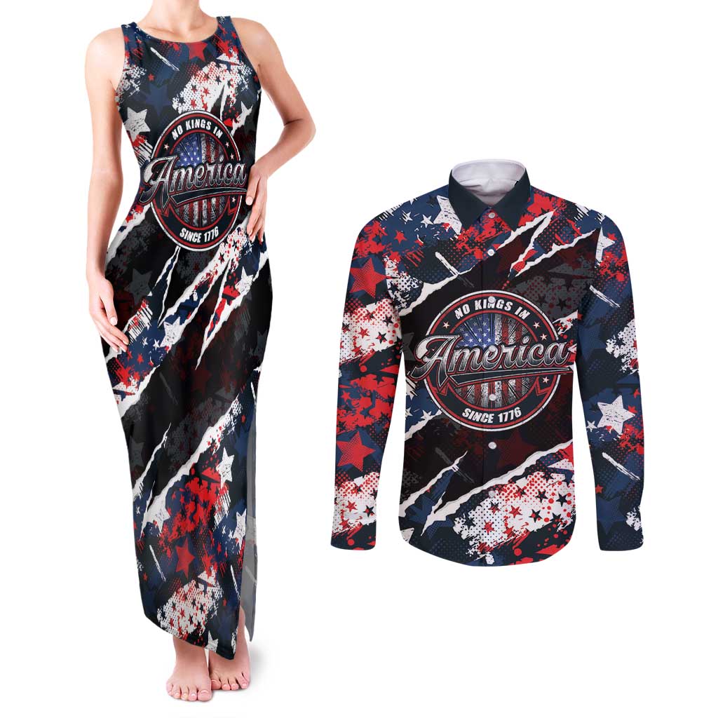 No Kings In America Since 1776 Couples Matching Tank Maxi Dress and Long Sleeve Button Shirt Grunge Style - Wonder Print Shop