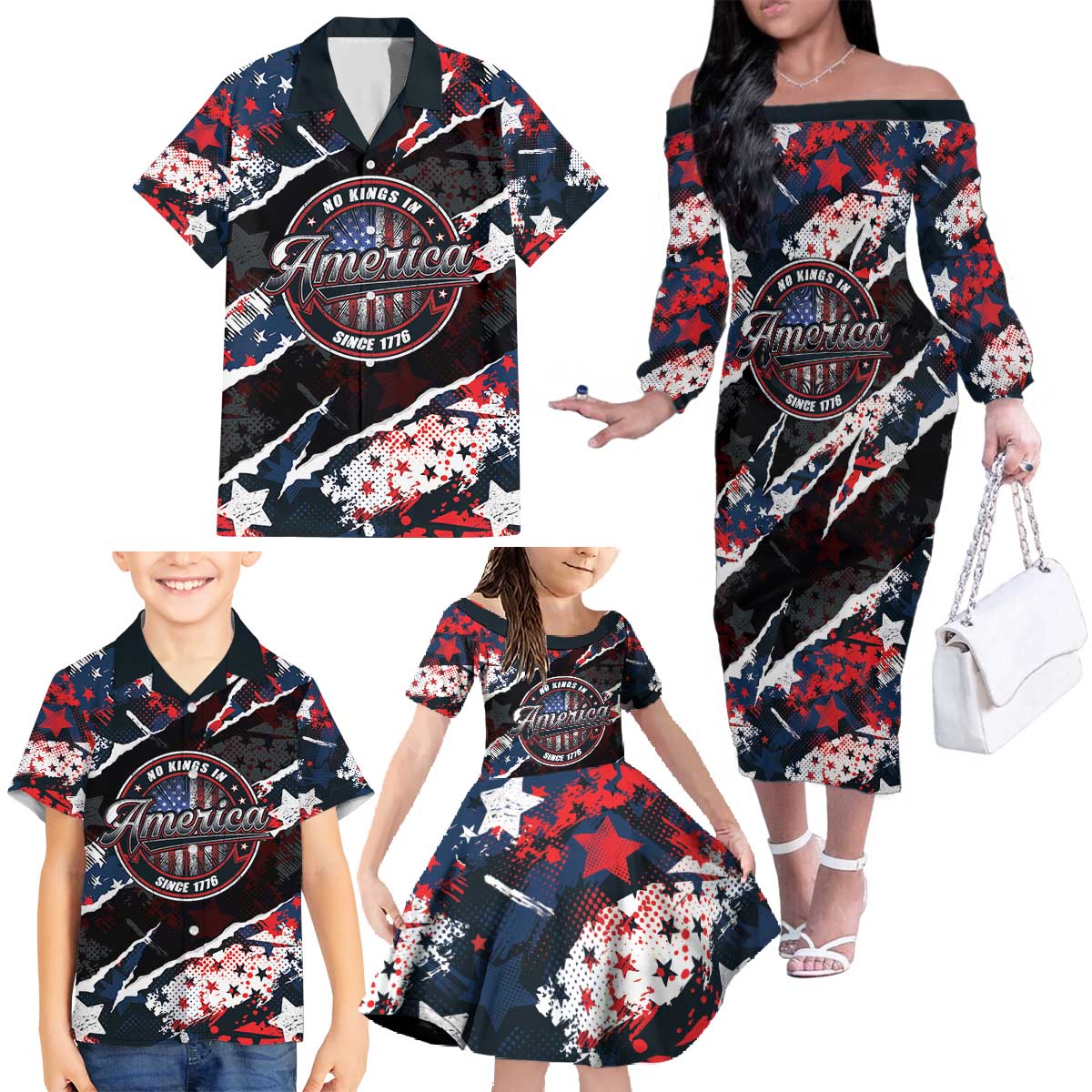 No Kings In America Since 1776 Family Matching Off The Shoulder Long Sleeve Dress and Hawaiian Shirt Grunge Style - Wonder Print Shop