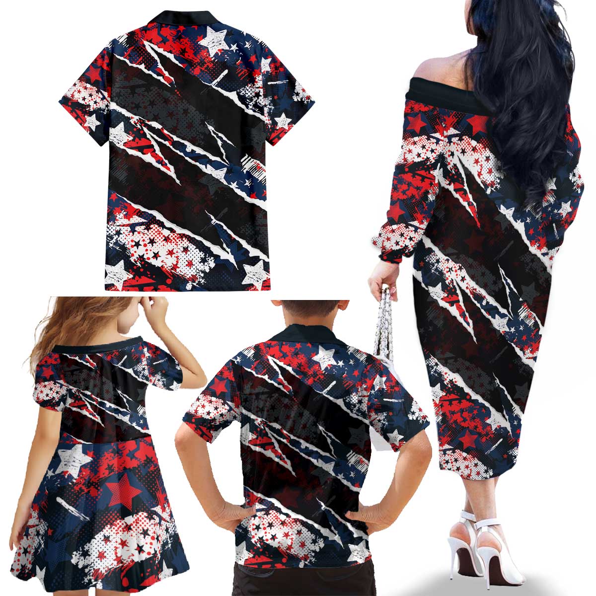 No Kings In America Since 1776 Family Matching Off The Shoulder Long Sleeve Dress and Hawaiian Shirt Grunge Style - Wonder Print Shop