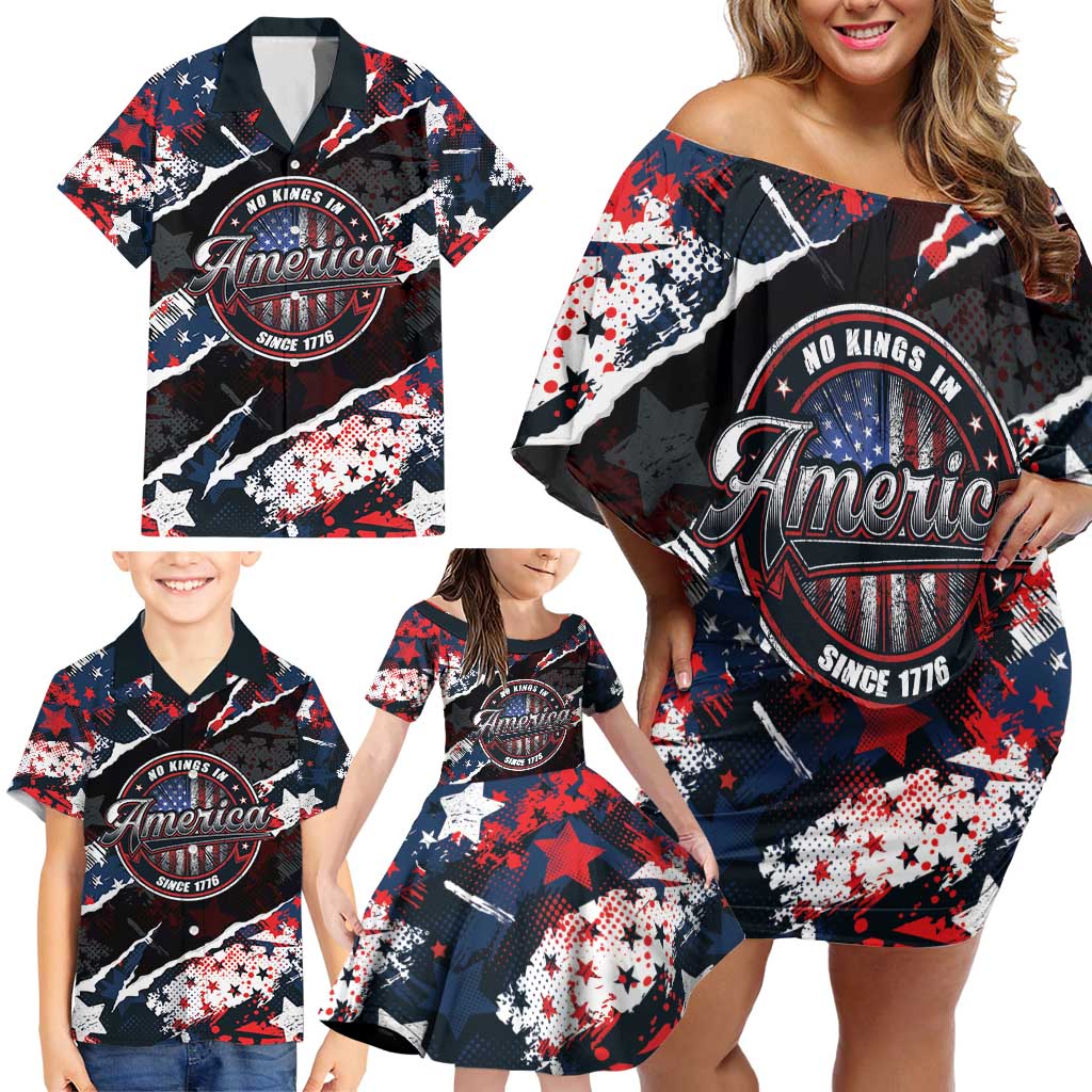 No Kings In America Since 1776 Family Matching Off Shoulder Short Dress and Hawaiian Shirt Grunge Style - Wonder Print Shop