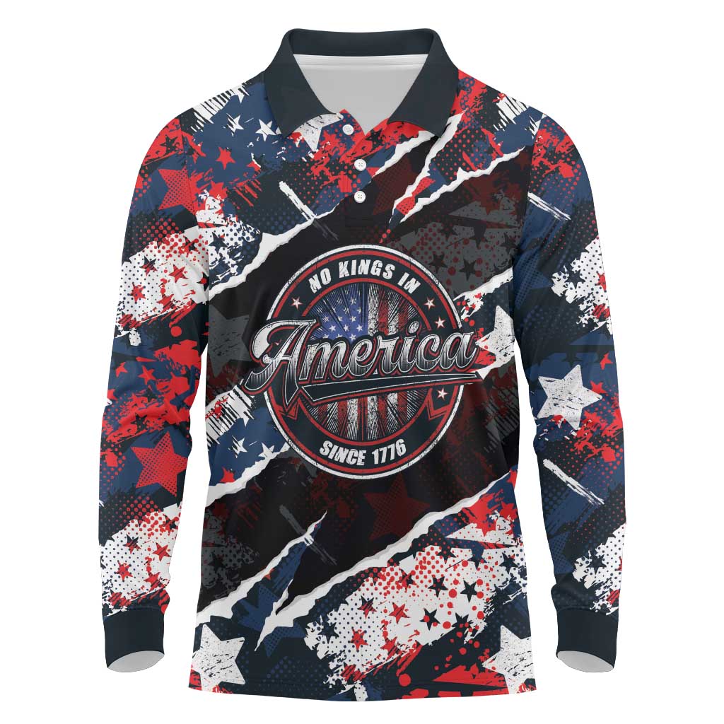 No Kings In America Since 1776 Long Sleeve Polo Shirt Grunge Style - Wonder Print Shop